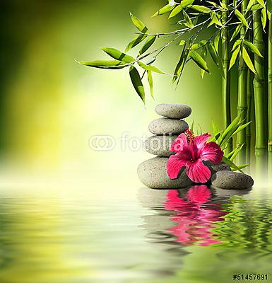Stones, piros hibiszkusz és bambusz a vízen (vászonkép óra) - vászonkép, falikép otthonra és irodába