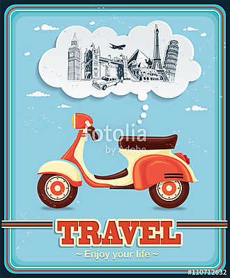 Vintage Travel robogó plakáttervezés (keretezett kép) - vászonkép, falikép otthonra és irodába