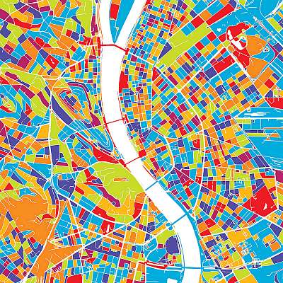 Budapest színes vektoros térkép (keretezett kép) - vászonkép, falikép otthonra és irodába