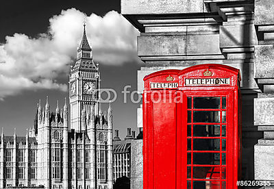 angol vörös telefonos fülkék a Big Ben-vel Londonban, az Egyesül (bögre) - vászonkép, falikép otthonra és irodába