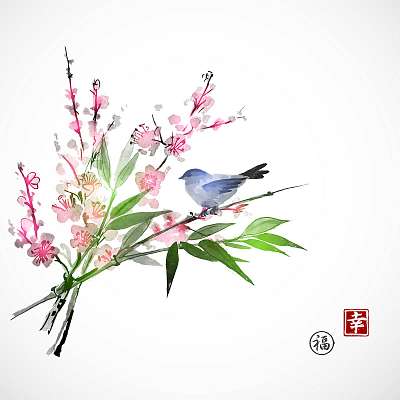 Sakura virágban, bambusz ág és kis kék madár fehér b (bögre) - vászonkép, falikép otthonra és irodába