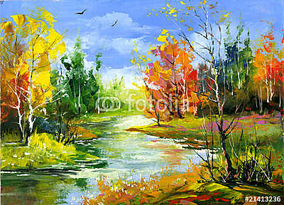 Autumn landscape with the wood river (többrészes kép) - vászonkép, falikép otthonra és irodába