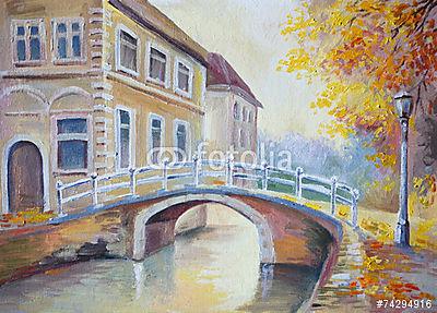 Olasz híd  ősszel (olajfestmény reprodukció) (keretezett kép) - vászonkép, falikép otthonra és irodába