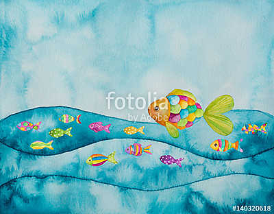 Színes halak akvarell (keretezett kép) - vászonkép, falikép otthonra és irodába