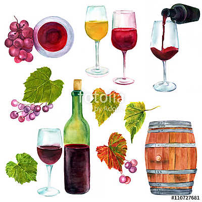Szőlő, bor, hordó, szőlőlevél, poharak montázs (akvarell) (keretezett kép) - vászonkép, falikép otthonra és irodába