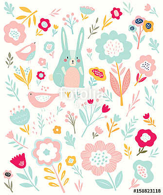 Pattern with little bunny and flowers (többrészes kép) - vászonkép, falikép otthonra és irodába