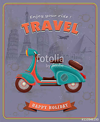 Vintage Travel scooter plakáttervezés (keretezett kép) - vászonkép, falikép otthonra és irodába