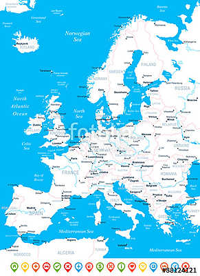Európa térkép - nagyon részletes vektoros illusztráció. (keretezett kép) - vászonkép, falikép otthonra és irodába