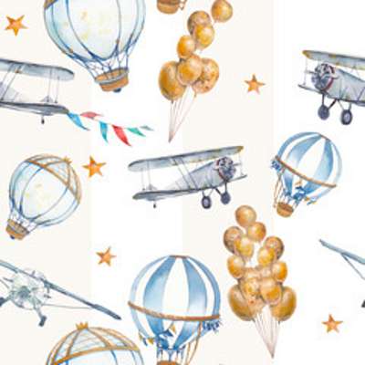 Hőlégballon , repülővel, csíkos tapétaminta gyerekszobába (bögre) - vászonkép, falikép otthonra és irodába