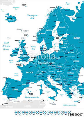 Európa - térkép és navigációs címkék - illustration.Image contai (vászonkép óra) - vászonkép, falikép otthonra és irodába