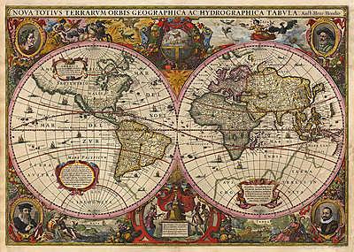 Antik világtérkép (17. század) (keretezett kép) - vászonkép, falikép otthonra és irodába