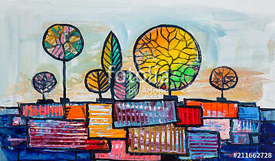 Absztrakt, modern színes fák (olajfestmény reprodukció) (többrészes kép) - vászonkép, falikép otthonra és irodába