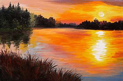 Napnyugta a tó felett (olajfestmény reprodukció) (többrészes kép) - vászonkép, falikép otthonra és irodába