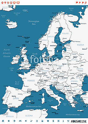 Európa - térkép és navigációs címkék - illustration.Image contai (többrészes kép) - vászonkép, falikép otthonra és irodába