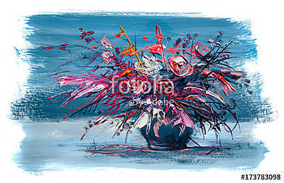 Absztrakt színes virágok vázában (olajfestmény reprodukció) (keretezett kép) - vászonkép, falikép otthonra és irodába
