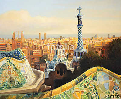 Barcelona Park Guell (grafika) (többrészes kép) - vászonkép, falikép otthonra és irodába