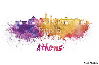 Athens GA skyline in watercolor splatters with clipping path (többrészes kép) - vászonkép, falikép otthonra és irodába