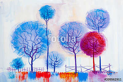 Dekoratív színes fák kerítéssel (olajfestmény reprodukció) (többrészes kép) - vászonkép, falikép otthonra és irodába