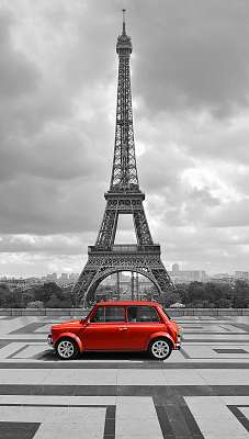 Eiffel-torony piros autóval (keretezett kép) - vászonkép, falikép otthonra és irodába