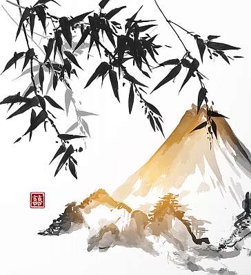 Bambusz és hegyek, kézzel húzott tintával a hagyományos japánokb (poszter) - vászonkép, falikép otthonra és irodába