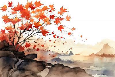 Őszi japán tájkép 1. (vizfesték effekt) (többrészes kép) - vászonkép, falikép otthonra és irodába