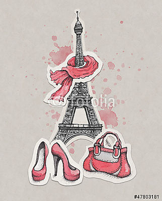 Eiffel-torony, cipők és kézitáska (vászonkép óra) - vászonkép, falikép otthonra és irodába