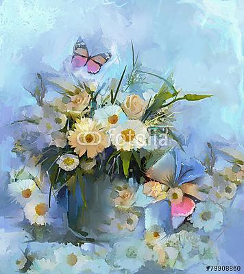 Váza csendéletes virágcsokorral, pillangóolaj festéssel (többrészes kép) - vászonkép, falikép otthonra és irodába
