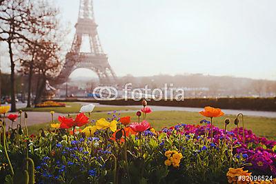 Párizs, virágok és Eiffel-torony (keretezett kép) - vászonkép, falikép otthonra és irodába