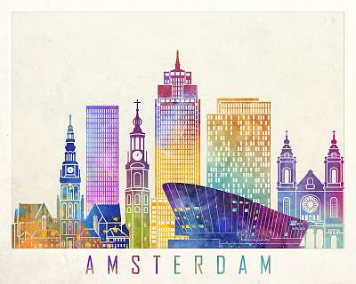 Amsterdam  landmarks watercolor poster (keretezett kép) - vászonkép, falikép otthonra és irodába