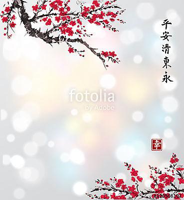 háttér sakura ágak virágban fehér izzó hátul (többrészes kép) - vászonkép, falikép otthonra és irodába