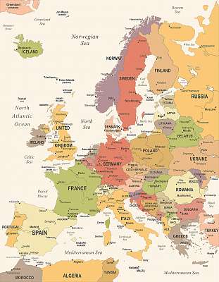 Európa térkép - Vintage vektoros illusztráció (keretezett kép) - vászonkép, falikép otthonra és irodába