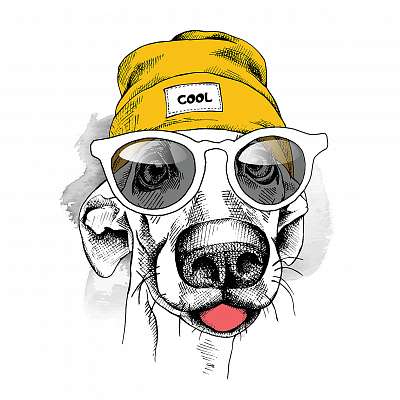 Portrait of dog in a yellow Hipster hat and with glasses. Vector (bögre) - vászonkép, falikép otthonra és irodába