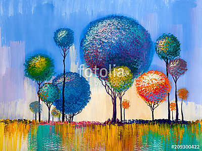 Dekoratív absztrakt színes erdő (olajfestmény reprodukció) (többrészes kép) - vászonkép, falikép otthonra és irodába