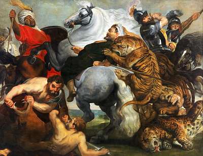 Tigris, oroszlán és leopárd vadászat (színverzió 2) (keretezett kép) - vászonkép, falikép otthonra és irodába