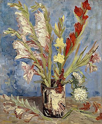 Kardvirág és őszirózsák vázában (keretezett kép) - vászonkép, falikép otthonra és irodába