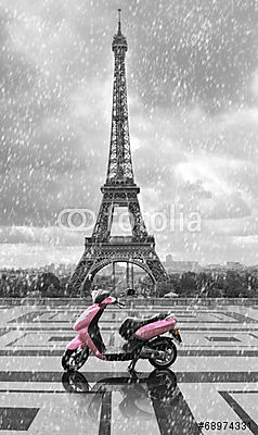 Eiffel-torony rózsaszín robogóval (vászonkép óra) - vászonkép, falikép otthonra és irodába