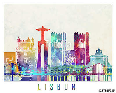 Lisbon landmarks watercolor poster (keretezett kép) - vászonkép, falikép otthonra és irodába