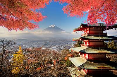 Japán tájkép, távolban a Fuji (többrészes kép) - vászonkép, falikép otthonra és irodába