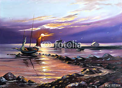 Sailing boat against the coming sun (fotótapéta) - vászonkép, falikép otthonra és irodába