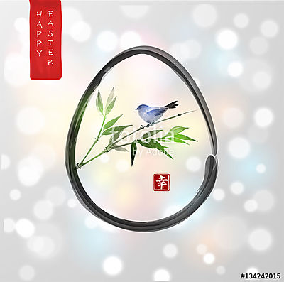 Húsvéti kártya tojással és kis madárral bambuszágon kézzel rajzo (poszter) - vászonkép, falikép otthonra és irodába