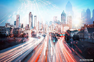 Double exposure of night traffic in modern city (fotótapéta) - vászonkép, falikép otthonra és irodába