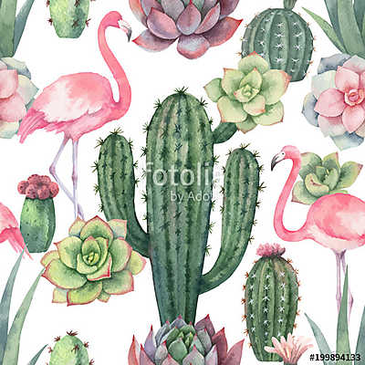 Watercolor vector seamless pattern of pink flamingo, cacti and s (keretezett kép) - vászonkép, falikép otthonra és irodába
