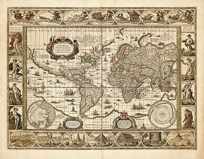 Antik világtérkép 1635 (szín 3) (keretezett kép) - vászonkép, falikép otthonra és irodába