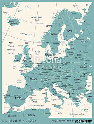 Európa térkép - vintage vektoros illusztráció (keretezett kép) - vászonkép, falikép otthonra és irodába