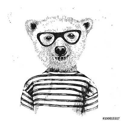 Kézzel rajzolt öltözött hipster medve illusztrációja   (többrészes kép) - vászonkép, falikép otthonra és irodába