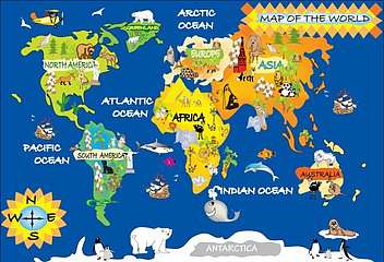 Egyszerű világtérkép gyerekeknek (keretezett kép) - vászonkép, falikép otthonra és irodába