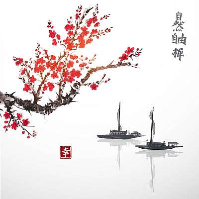 Keleti szent sakura cseresznyefa és két halászhajó  (poszter) - vászonkép, falikép otthonra és irodába
