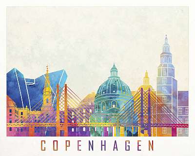 Copenhagen landmarks watercolor poster (keretezett kép) - vászonkép, falikép otthonra és irodába