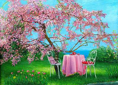 Blossoming plum in a spring garden (bögre) - vászonkép, falikép otthonra és irodába