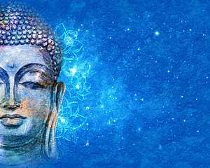 Fél Buddha fej kék háttéren (keretezett kép) - vászonkép, falikép otthonra és irodába
